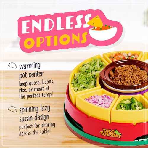 Lazy Susan Taco Bar Serving Set with 4 Tortilla Holders and Warming Pot - Red, Nostalgia Taco Tuesday