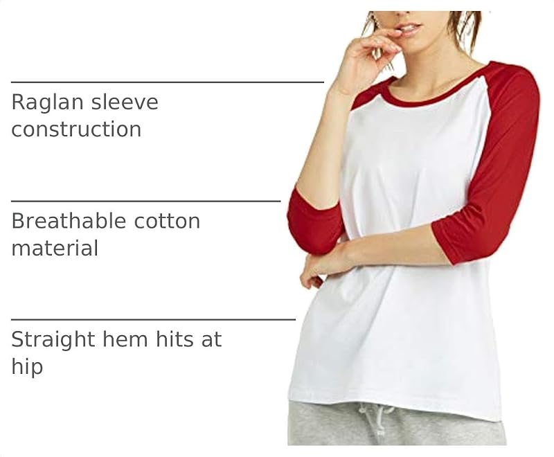 Cottonbell Women’s Baseball Tee Shirt 3/4 Sleeve White/Red Medium