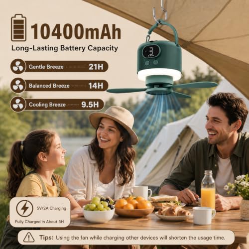 Dark Green Camping Tent Fan with Light - Rechargeable Hanging Fan with Remote, 11.4 Inches
