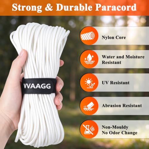 VVAAGG Paracord Rope 550 lb - White 100FT Nylon 7-Strand Utility Cord