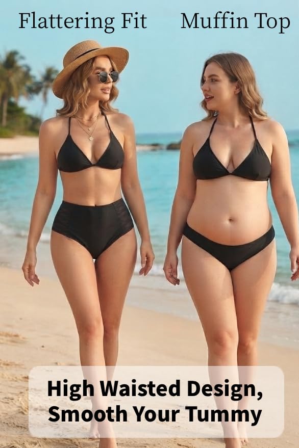 Women High Waisted Bikini Bottom Tummy Control Swim Bottom Side Mesh Large Black