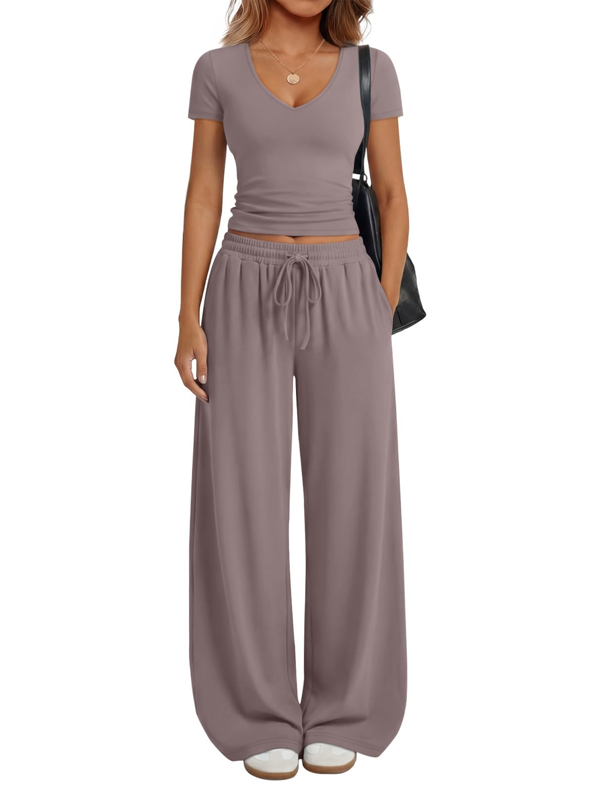 Trendy Queen 2 Piece Lounge Sets for Women Summer 2026 Two Piece Matching Loungewear Sweat Sets Spring Fashion Travel Airport Outfits Sweatsuits Casual Cute Clothes Track Suits Rose Taupe M