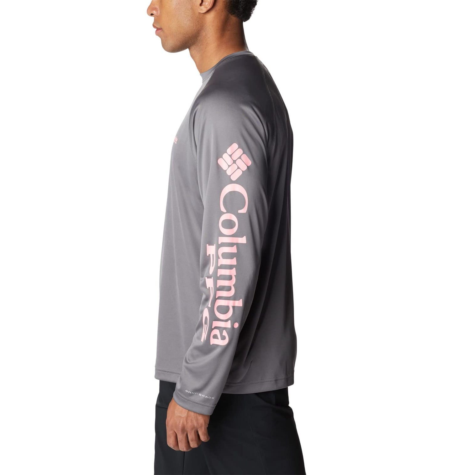 Columbia Men's Terminal Tackle Long Sleeve Fishing Shirt, City Grey/Pink Pop Logo, Medium