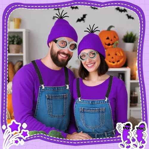 4 Pcs Halloween Costume Accessories Adult, Yellow/Purple Beanie Goggles Gloves Suspenders Halloween Costume Accessories Set