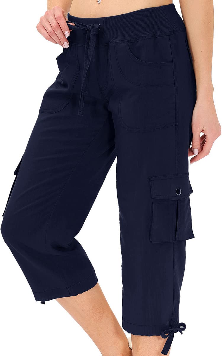 Hiking Cargo Shorts for Women Dry Fit Active Capri Pants for Camping with Pockets Navy