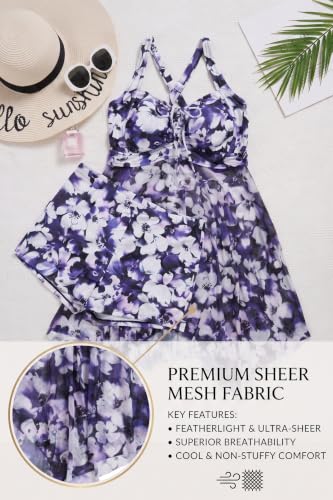 Plus Size Mesh Swim Dress Two Piece Swimsuit with Shorts - Purple Flower 18