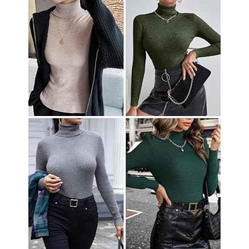 Ekouaer Women's Turtleneck Shirts Ribbed Pullover Sweater Long Sleeves Tops Midweight Thermal Underwear Blouse