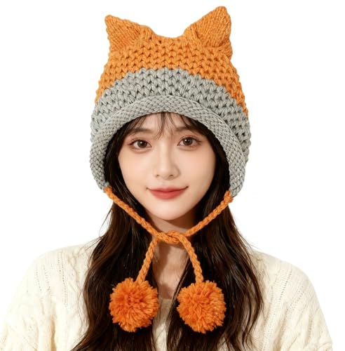 Fox Ears Beanie Hat for Adults - Warm Handmade Knitted Cap with Pom Pom, Patchwork, Orange - Variation of THIS listing