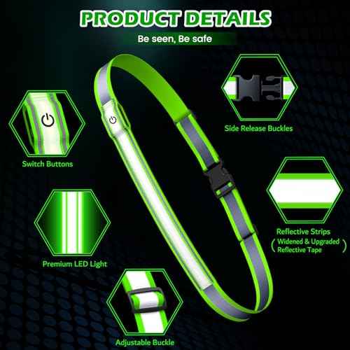 LED Reflective Belt Sash, High Visibility 5 Color 3 Light Mode Rechargeable LED Waistband Reflective Running Gear, Light Up Waist Belt Safety Gear for Running Walking Cycling at Night