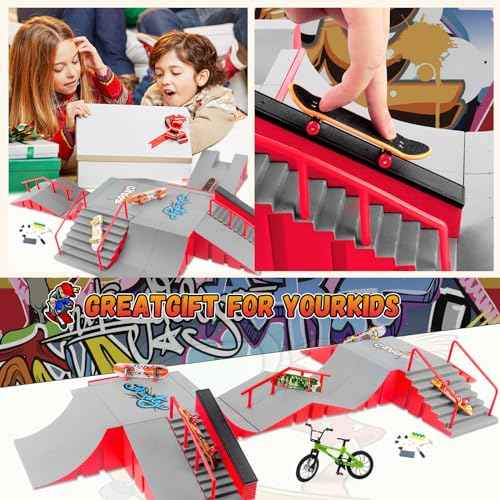Finger Skateboard Park Kits,14-in-1 Bigger Finger Skateboard Ramp Set with 14 Ramps,8 Fingerboards,1 Finger Bike, Skate Park Kit,Fingerboard Skatepark Half Pipe Toys Gifts for Ages 3+