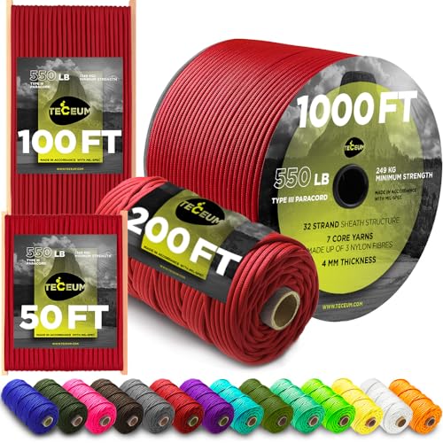 Paracord Rope 550 lb 4mm - Red (Fire) 100 ft Utility Camping Cord