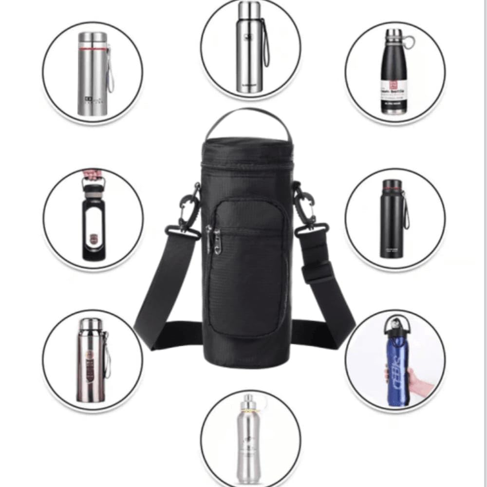 Insulated Water Bottle Carrier Bag - 50oz/67oz Thermal Bottle Pouch with Adjustable Shoulder Strap, 2 Zipper Pockets, Neoprene Sleeve for Hiking, Camping, Travel - Keeps Drinks Cold & Hot (Black)