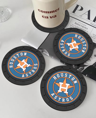 2PCS Car Cup Holder Coasters - Houston Astros Baseball Fan Accessories - Non-Slip Silicone Inserts with Team Logo - Vehicle Interior Decor
