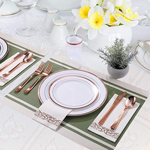 Disposable Dinnerware Set with Rose Gold Rim - 350 Pieces for 50 Guests