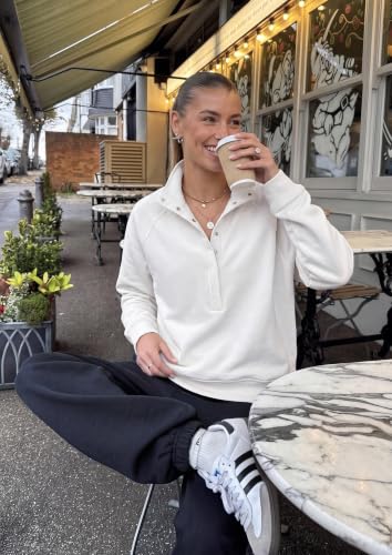 Women's Oversized Fall Sweatshirt with Mock Neck and Henley Pullover - Medium White