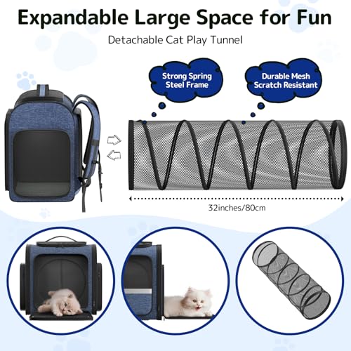 Cat Backpack Carrier with Expandable Play Tunnel - Blue