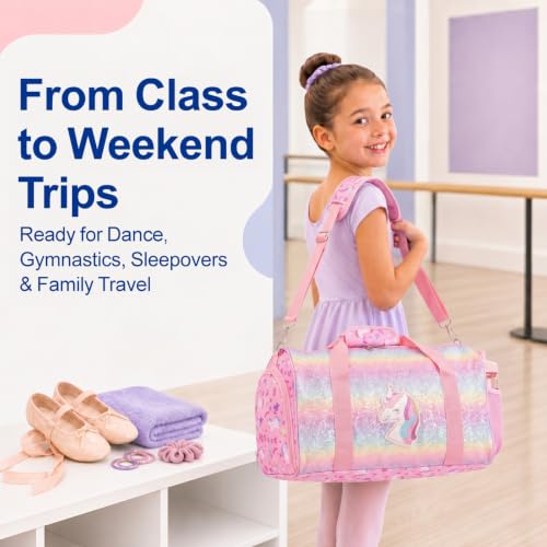 Kids Dance Bag with Shoe Compartment - Glitter Unicorn Pink, Medium