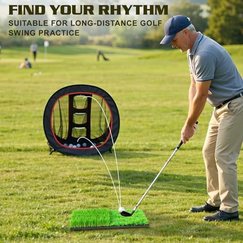 Red Golf Practice Net with Practice Mat, 10 x 7 ft Indoor Outdoor Hitting Net for Swing Training & Chipping