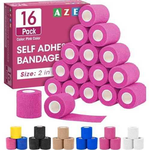 AZEN 16 Pack Self Adhesive Bandage Wrap Pink, 2" X 5 Yards Elastic Cohesive Bandage Wrap, Athletic Tape, Vet Wrap, Ankle Tape, Tattoo Grip Tape Wrap (Pink)