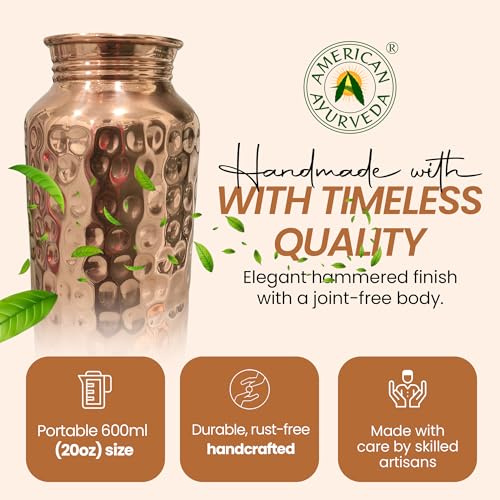 Pure Copper Water Bottle 600ml Hammered Finish Leak Proof Ayurvedic Benefits