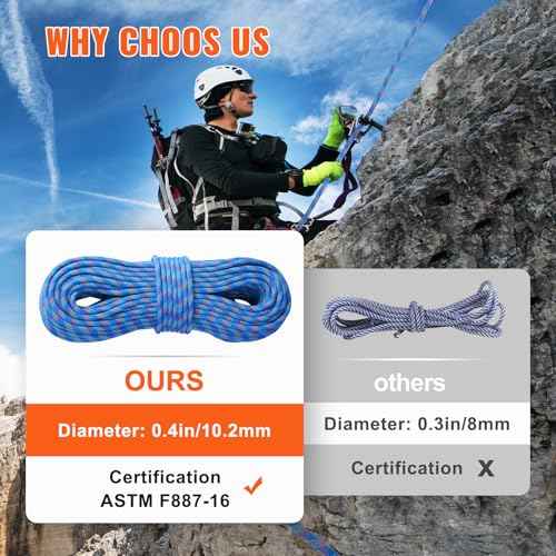 VEVOR 10.2mm Dynamic Climbing Rope, Outdoor Rock Climbing Rope 25KN Breaking Tension, Stretchable Fiber Rope with Steel Snap Hooks for Escape, Rappelling, Fire Rescue, Blue