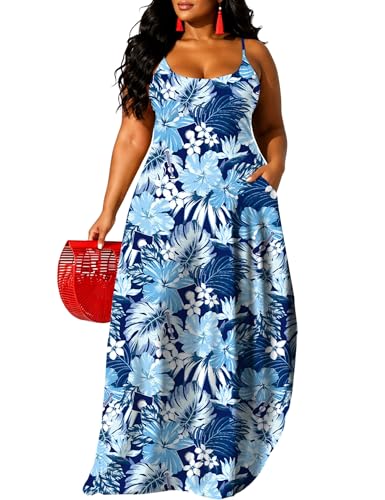 Plus Size Hawaiian Dress for Women XX-Large Summer Blue Tropical Maxi Sundress