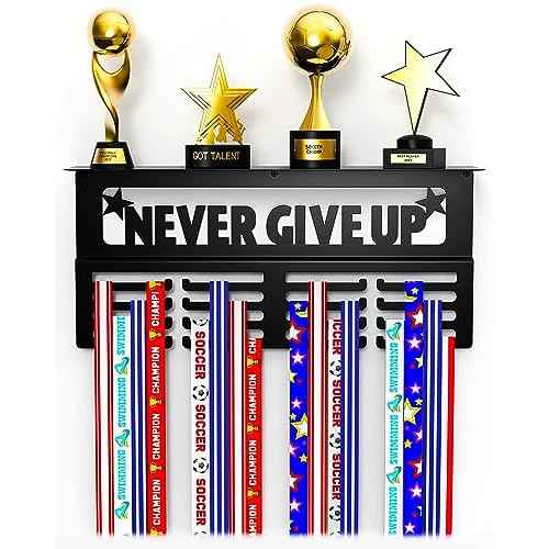 Medal Hanger Display with Trophy Shelf - Metal Awards Rack for Walls Holds 64+ Sports Medals- Our Never Give Up 16" Medal Holder Awards Trophy Display