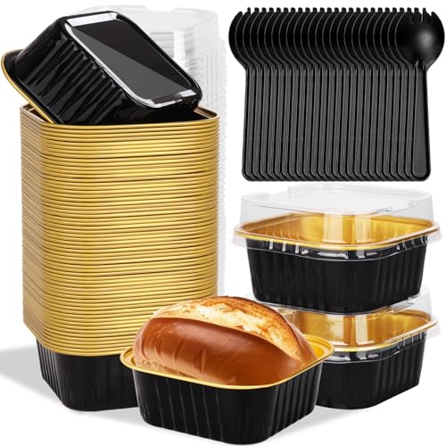 Mini Disposable Cake Pans with Lids 10oz Square Aluminum Baking Cups - Black