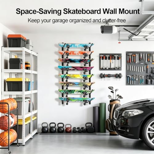 Skateboard Wall Mount Rack - 6 Layers Black for All Boards & Accessories