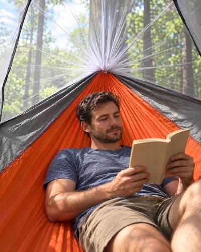 Orange & Grey Camping Hammock with Mosquito Net, 500lbs Capacity, Portable Double/Single