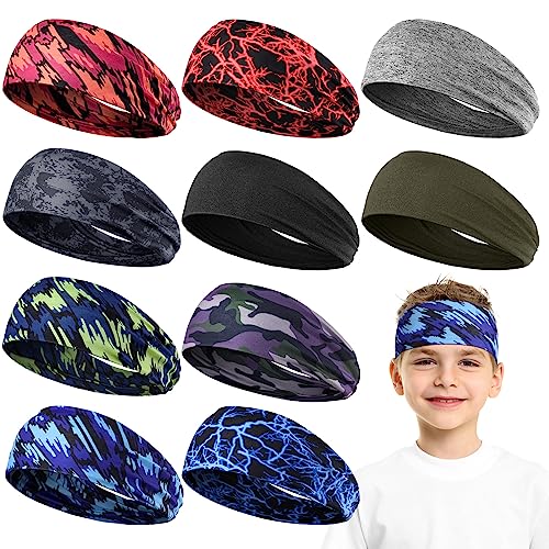 Kids Sports Headbands - 10 Pack Elastic Sweatbands for Soccer, Running & Gym