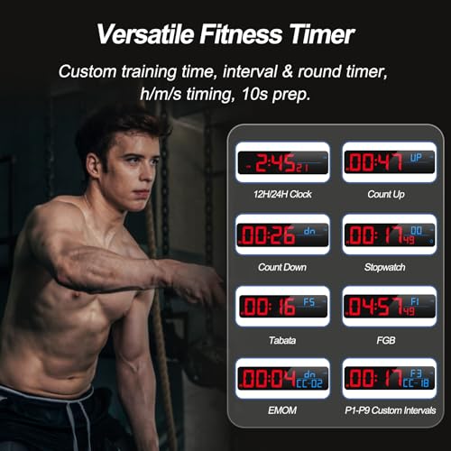 Large 15" Gym Timer LED Wall Clock with Blue & Red Variations, Digital Stopwatch & Interval Training