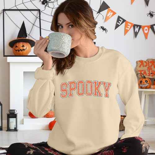 Halloween Spooky Sweatshirts Women Classic Spooky Letter Print Long Sleeve Shirt Halloween Crewneck Pullover Blouse