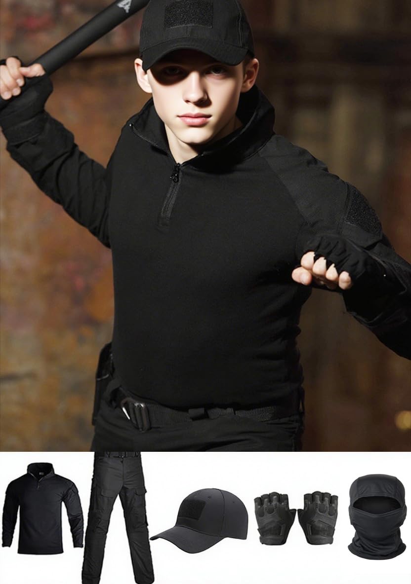 VPZenar Combat Uniform,Tactical Long Sleeve Shirt and Pants, Cap Balaclava Gloves Set,Black Suits Paintball Clothing for Men