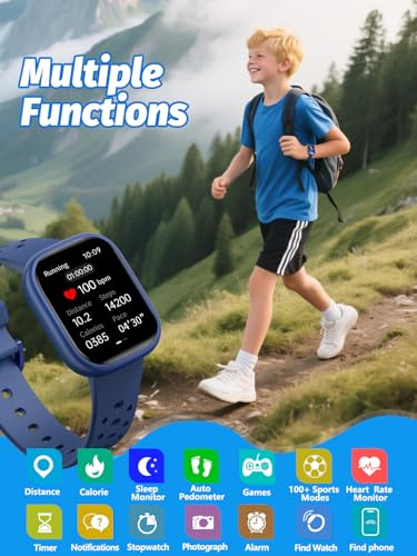 Kids Smart Watch Fitness Tracker 1.85" Screen Pedometer Heart Rate Sleep Waterproof Black