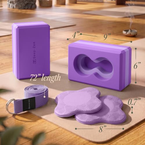 Purple Yoga Blocks 2 Pack with Wrist Support, Knee Pads & Strap - Exercise Set