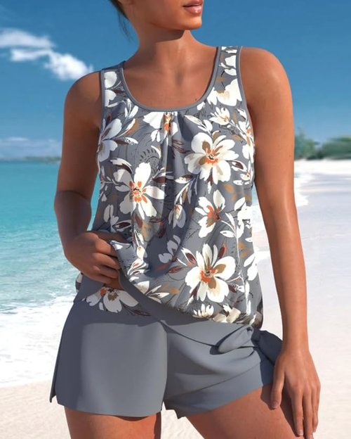 Women's Two Piece Swimsuit with Padded Top and High Waist Shorts, Printed Bikini Set for Beach or Pool(P1,XL)