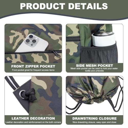 Water-Resistant Sport Gym Sack Backpack with Drawstring - Green Camo