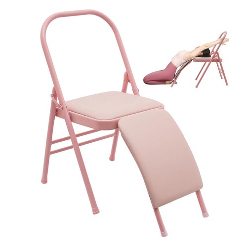 Yoga Auxiliary Chair with Lumbar Back Support, Foldable Balance Handstand Training Tool Yoga Equipment, Abs & Core Strength Training Inversion Equipment Yoga Practice Balance Chair for Adults (Pink)