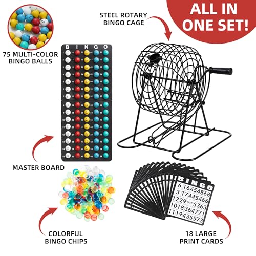 Family Bingo Game Set with Metal Cage and Chips for Kids & Adults