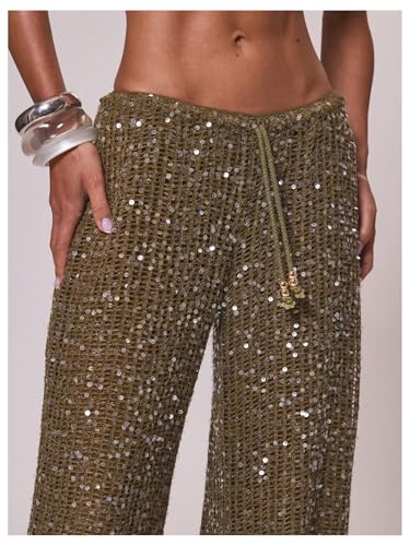 Women's Sequin Crochet Cover Up Pants - Hollow Out Beach Swimwear Medium Brown Green