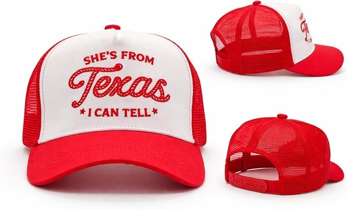 Red & White M.O.Q. Trucker Hat with Western Texas Text - Lone Star Pride