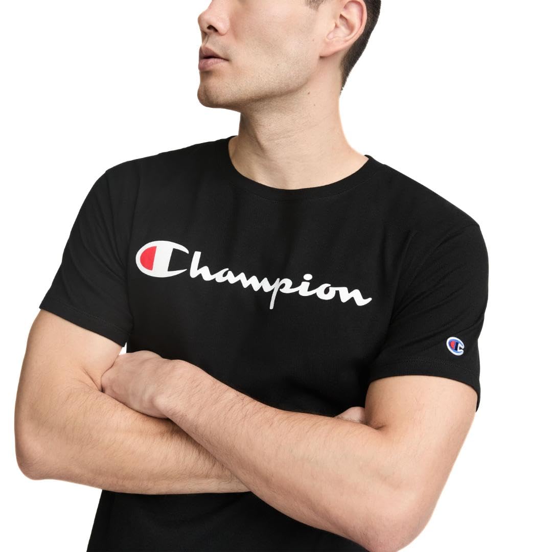 Champion Men's Graphic Short Sleeve T-Shirt, Standard Fit, Classic Script Logo, Midweight 100% Cotton, Black - Classic Script Logo, X-Large