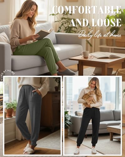 Women’s Lounge Joggers with Pockets - 4 Pack, Black, Heather Gray, Coffee, Army Green - Medium