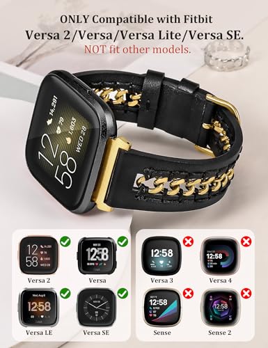 Leather Watch Band Compatible with Fitbit Versa 2 and Versa Lite - Dressy Premium Strap with Stainless Steel Chain