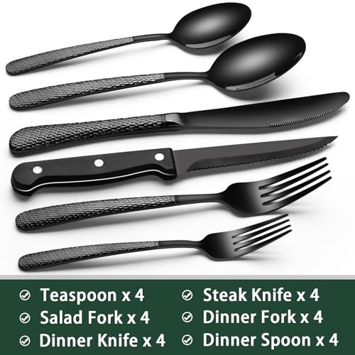 Black Silverware Set for 4 - 24-Piece Flatware Cutlery with Steak Knives - Round Hammered Finish