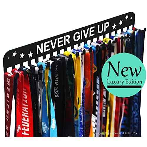 Premium Medal Display Hanger Never Give Up with 20 Hooks,Medal Hanger Display For Wall with 16inchL,race medal display Upgraded Medal Holder display with Simple Design For gymanstics,race,soccer,swim