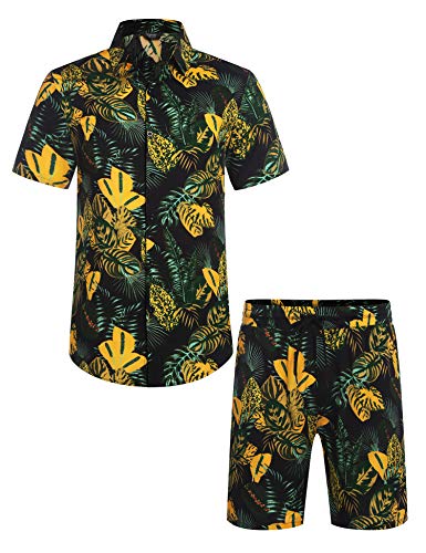 Men's Hawaiian Matching Set Large Black - Summer Beach 2 Piece Outfits with Flower Button Down Shirts and Shorts