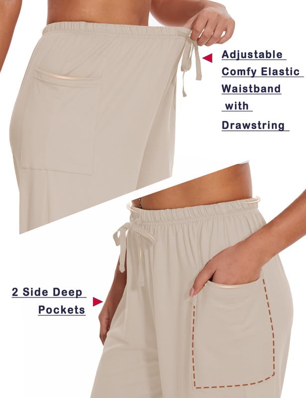 Large Women's Wide Leg Lounge Pants - Beige Comfy Harem Pajama Sweatpants with Pockets