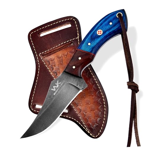 Handmade Cowboy Knife for Men & Women with Blue Wood Handle and Leather Sheath
